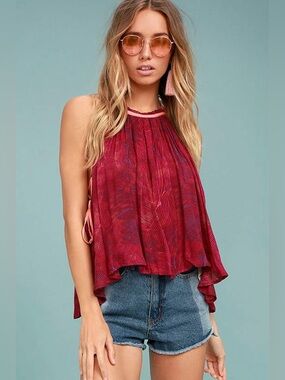 Free People Season in the Sun Berry Red Print Tank Top
